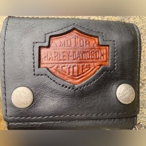 Leather Biker Chain Wallet w/ Bar Shield Style Logo Black Trifold